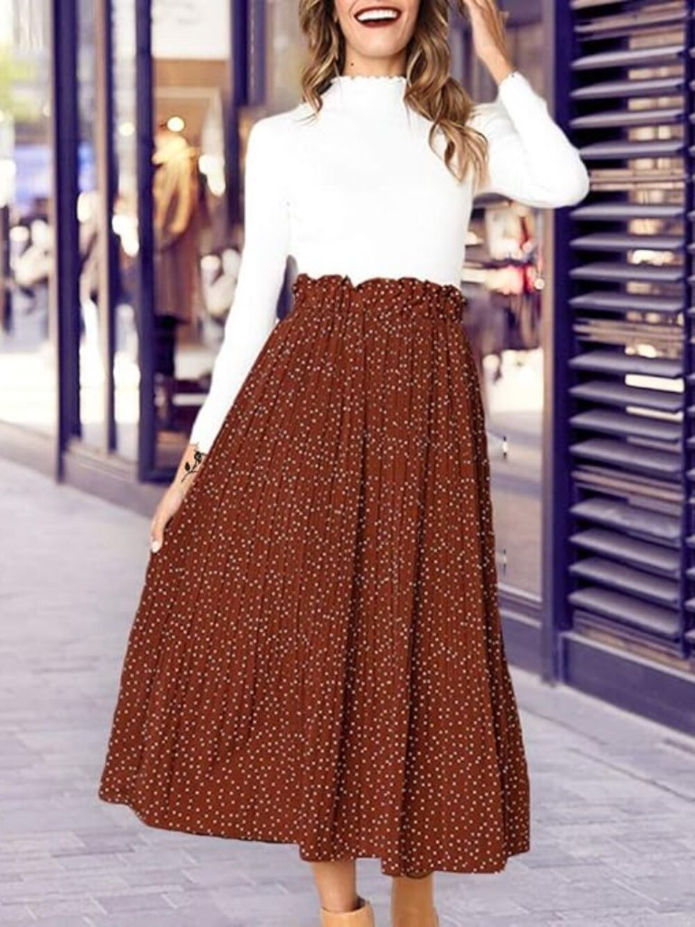 Exlura Brown Polka Dot Pleated Midi Skirt with Smocked Waist Size XL TRENDY 2026